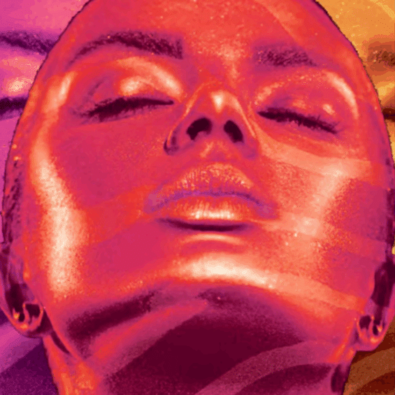 Woman holding head high with vibrant abstract patterns over her face.