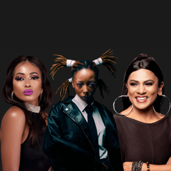 Press shots of Queen Leksha, Lu-Zer and Sharm cut out on a dark Grey background
